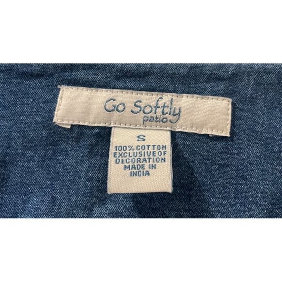 GO SOFTLY PATIO COTTON DENIM DRESS WOMENS LARGE FLORAL EMBROIDED SIZE S POCKETS - Picture 4 of 9